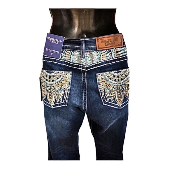 Beautiful embroidered sequined exposed stitching crystal studded blue jeans new - Picture 15 of 17